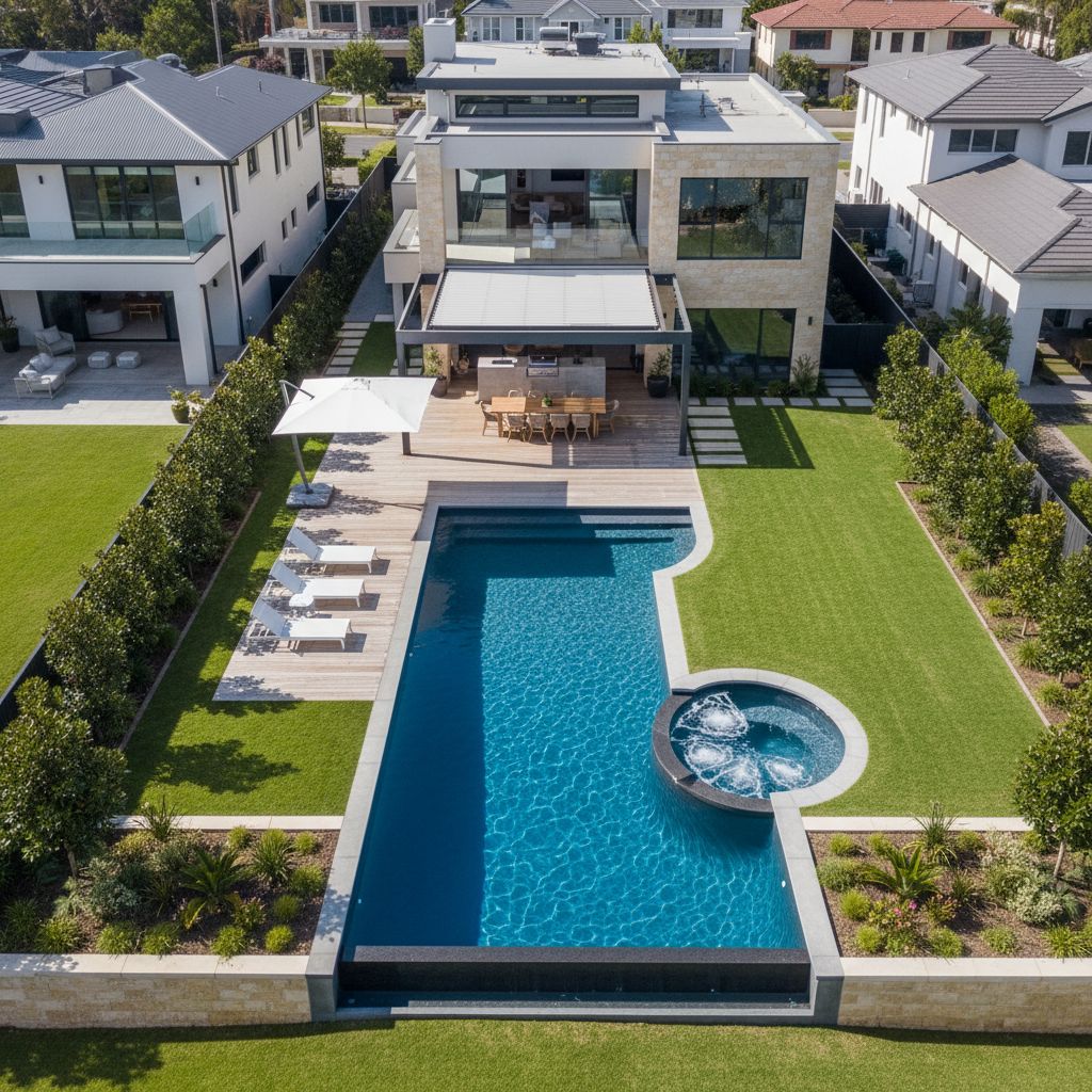 Luxury backyard pool with deep blue water and entertaining area
