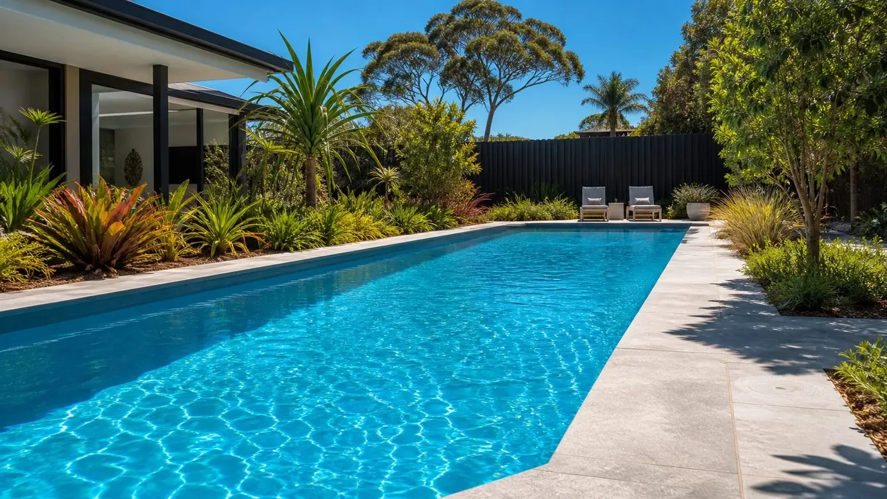 Pool bordered by paving, dense planting and a nearby house